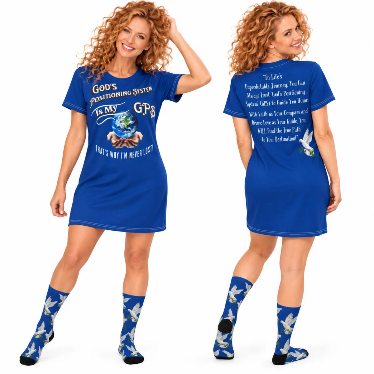 God's Positioning System-GPS- Beyond Blu Sleeper T-Dress With-A-Message. Match It With Socks & Shorts At GPS Collection.