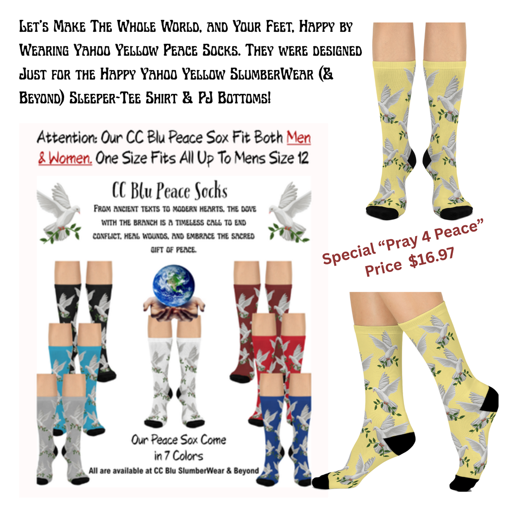 Inspirational Yellow "Dove Peace Socks", Cushioned Heel-&-Toe, Designed To Match CC Blu's SlumberWear Sleep-Shirt Gift Sets