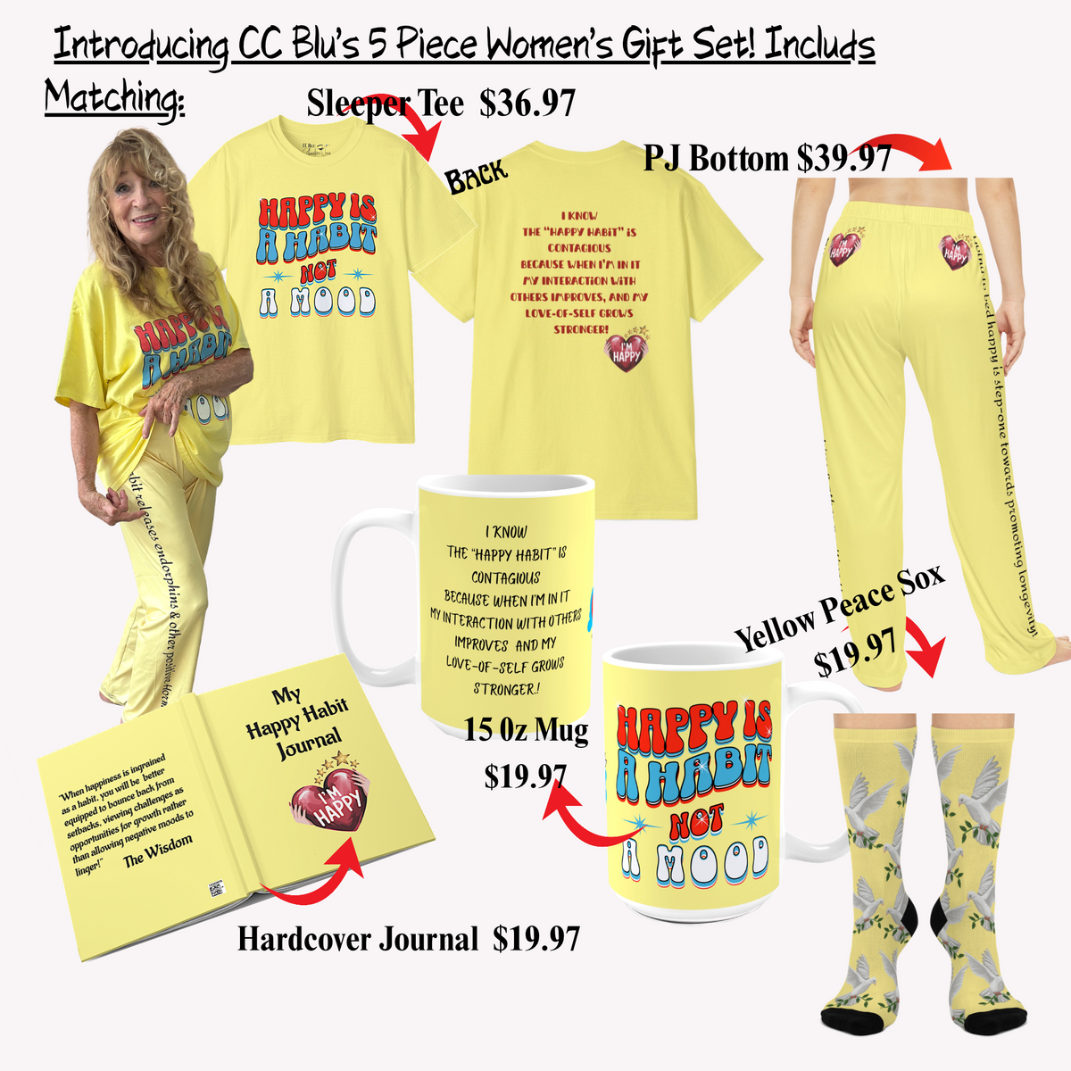 Inspirational Yellow "Dove Peace Socks", Cushioned Heel-&-Toe, Designed To Match CC Blu's SlumberWear Sleep-Shirt Gift Sets