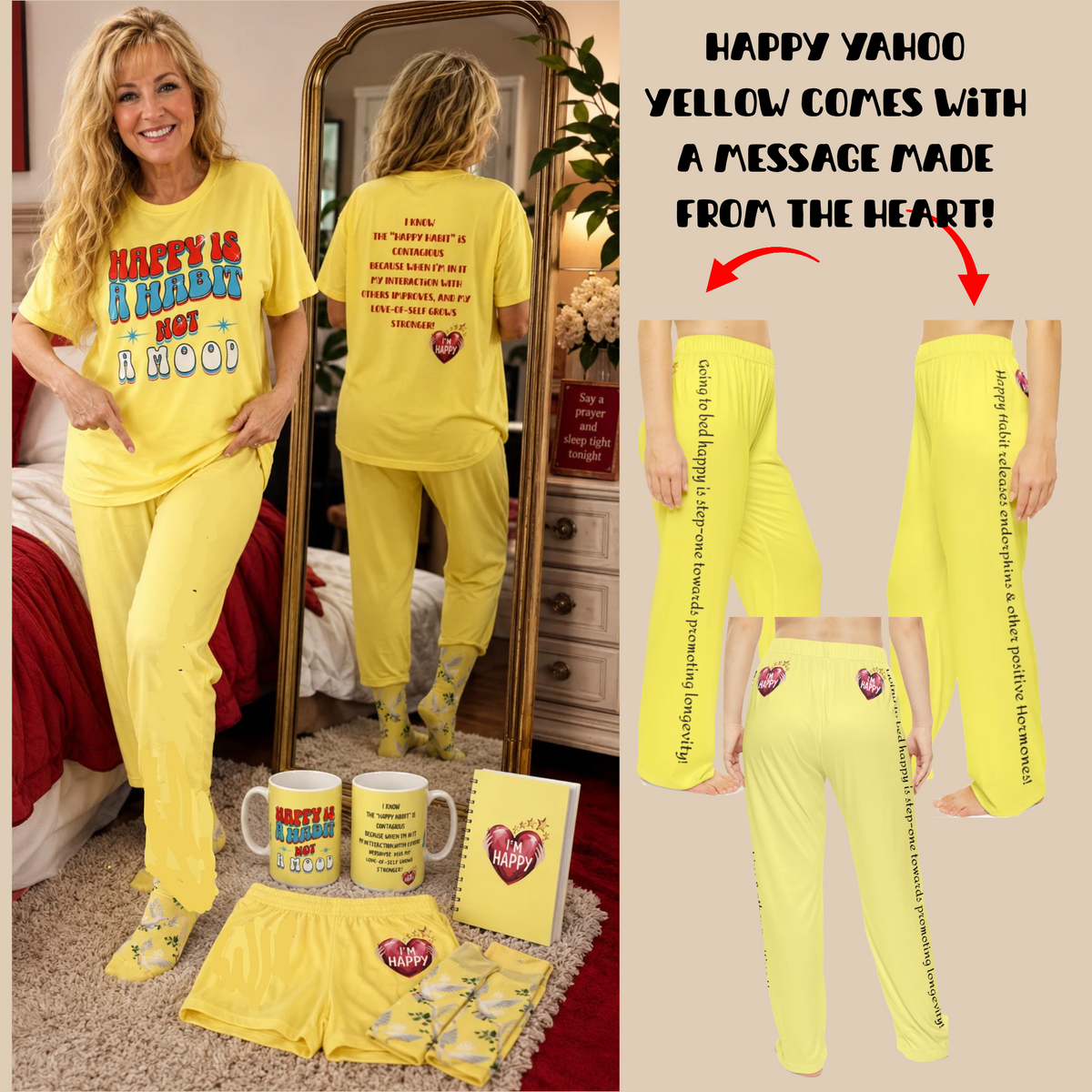 Happy Habit  Large 15oz Yahoo Yellow Mug With-A-Message! Mix & Match With CC Blu's Yellow Sleep-Shirt, PJ Pants & Hardcover Journal