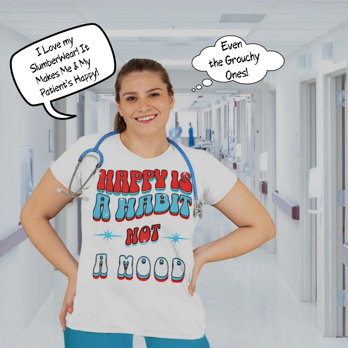 Women's Happy Habit White Sleeper T-Shirt With Inspirational Message! Mix & Match With CC Blu's Pajama Pants, Mugs & Socks