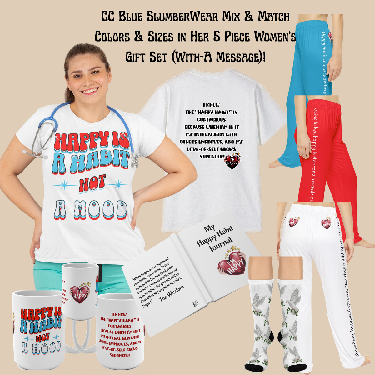 Women's White  Happy Habit Pajama Bottoms With An Inspirational Message! Mix & Match With CC Blu's PJ Sleeper, Socks & Mug!
