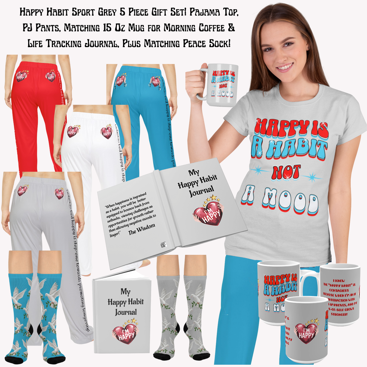 Happy Habit Sport Grey Gildan Sleeper T-Shirt With-A-Message! Mix & Match With CC Blu Matching SlumberWear PJ  Pants & Mug!