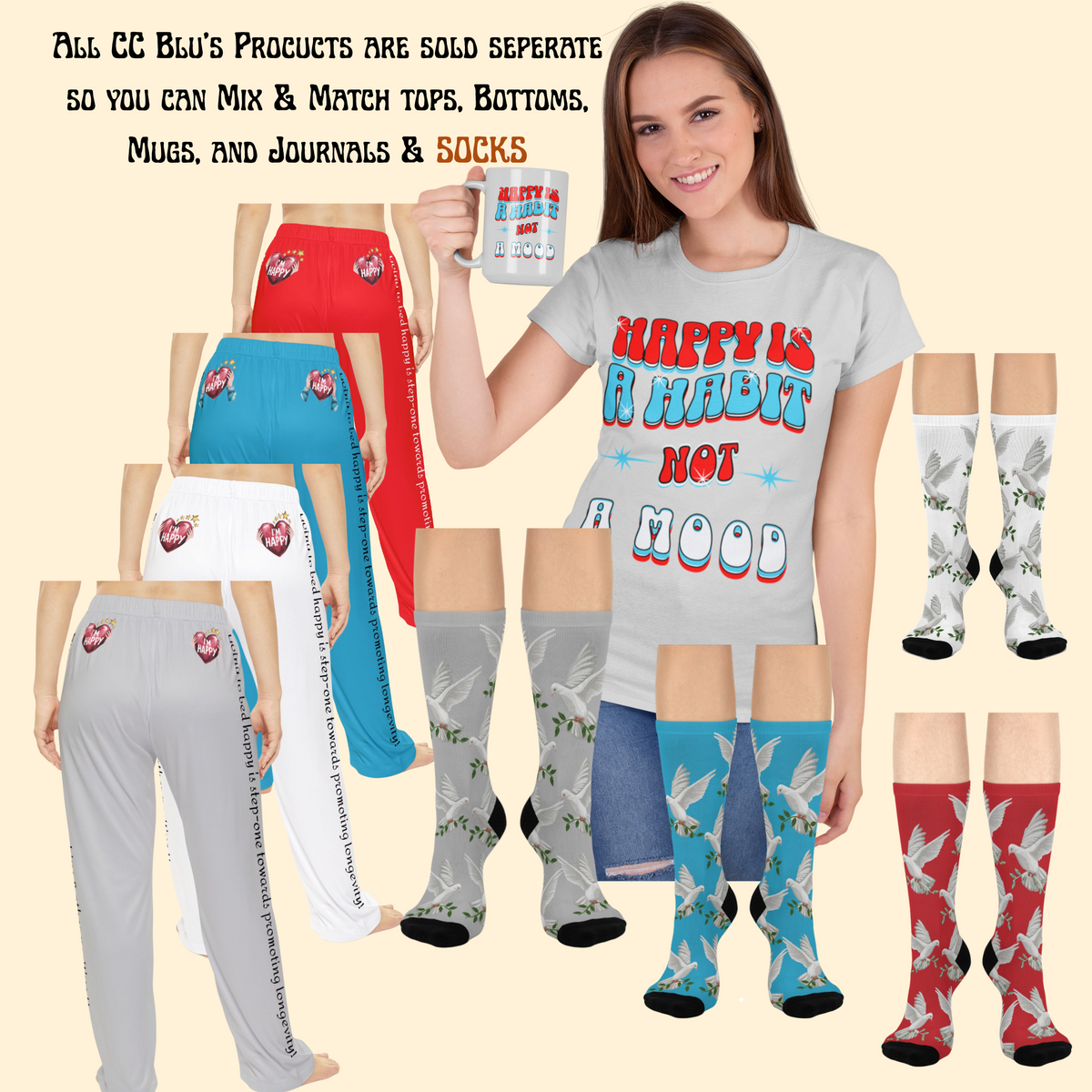 Women's Pajama Pants with Positive Affirmations On The Legs & Hearts On Your Rear! Match Them With  CC Blu's Happy Habit Collection.