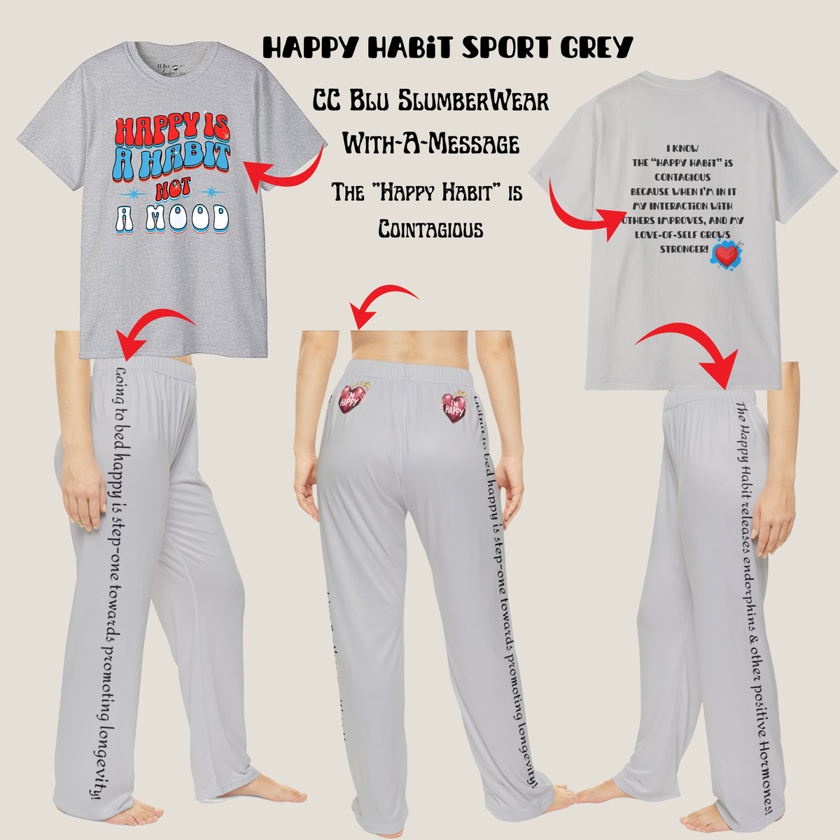 Women's Grey Pajama Bottoms With Happy Habit Inspirational Message! Mix & Match CC Blu's PJ SleepTop, Mug & Socks