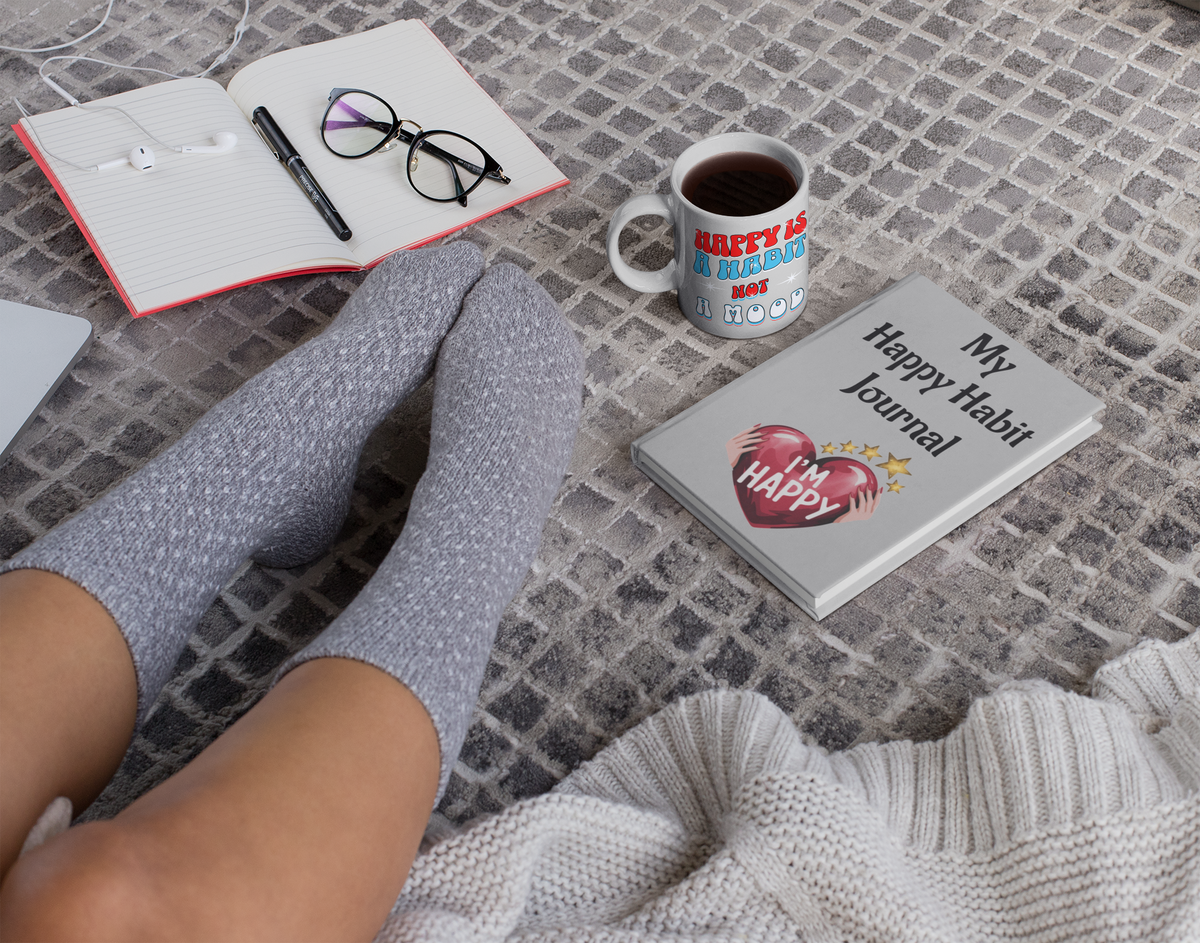 Happy Habit Grey Life-Tracking Hardcover Journal. Match It With CC Blu Happy Habit Sleep-Shirt, PJ Pants, 15oz Mug Gift Sets!