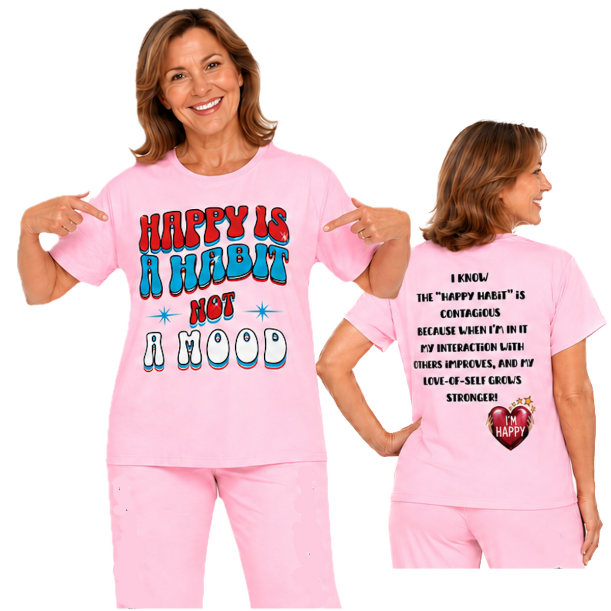 CC Blu Tickled Pink Happy Is a Habit Not a Mood | Women's Cotton Sleeper Tee With-A-Message! Mix & Match It With CC Blu SlumberWear PJ Pants, Mug & Sox!