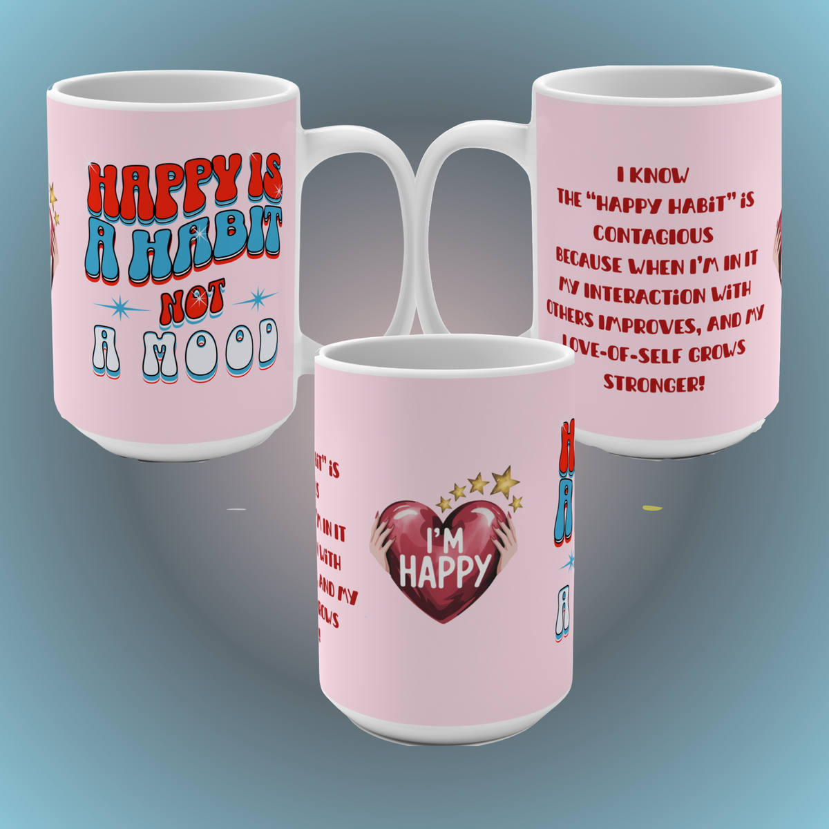 Happy Habit 15oz Custom Classic Tickled Pink Morning Mug. Matched Perfect With CC Blu's Happy Habit Pink Sleeper Tee, PJ Bottoms, 15oz Mug,Socks & Journal