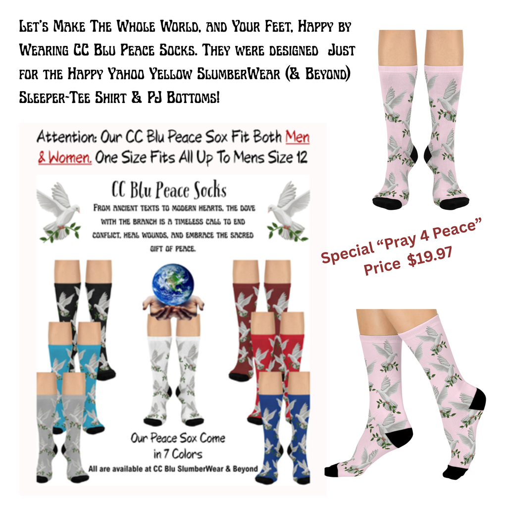 CC Blu's Tickled Pink Peace Socks, Cushioned Heel-&-Toe, Designed To Buy Separate & Mix-Match With Tickled Pink SleepTops & PJ Bottoms,
