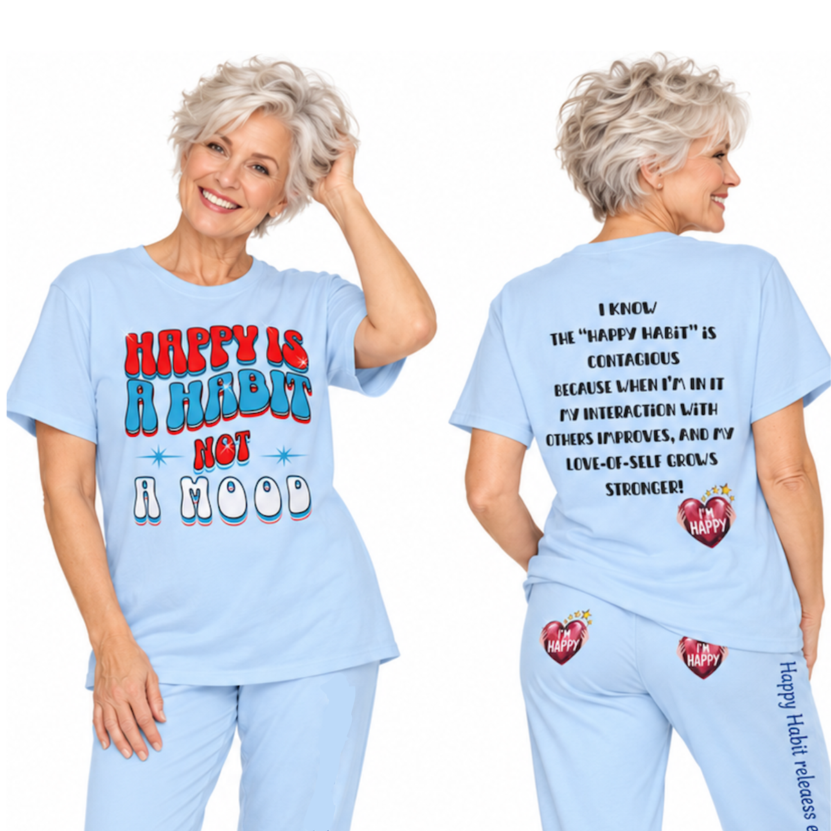 Women's Inspirational Happy Habit Lite Blue 100% Cotten Sleeper T-Shirt With-A-Message! Mix & Match With CC Blu's Pajama Pants, Mugs, Journals  & Socks.
