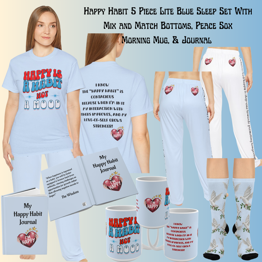 Women's Inspirational Happy Habit Lite Blue 100% Cotten Sleeper T-Shirt With-A-Message! Mix & Match With CC Blu's Pajama Pants, Mugs, Journals  & Socks.