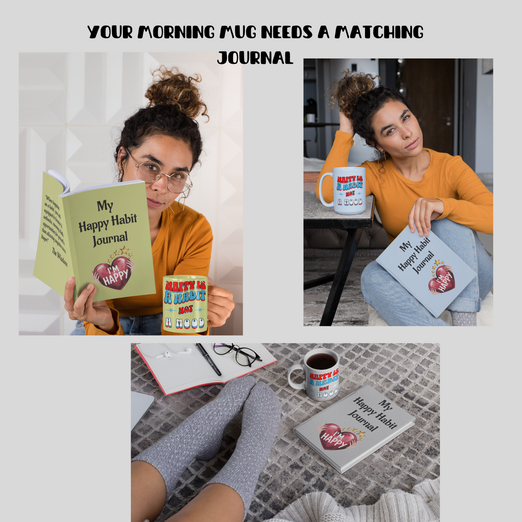 Inspirational Happy Habit 15oz Lite Blue Mug With-A-Message . Match It With CC Blu's SlumberWear Sleeper-Tee, PJ Bottoms, Soul-tracking Journal, & Socks.