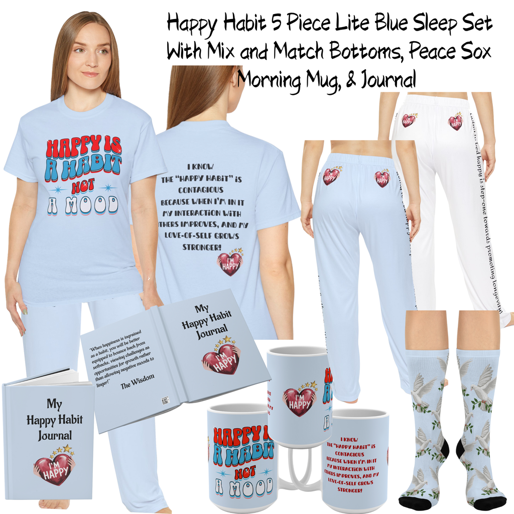 Inspirational Happy Habit 15oz Lite Blue Mug With-A-Message . Match It With CC Blu's SlumberWear Sleeper-Tee, PJ Bottoms, Soul-tracking Journal, & Socks.