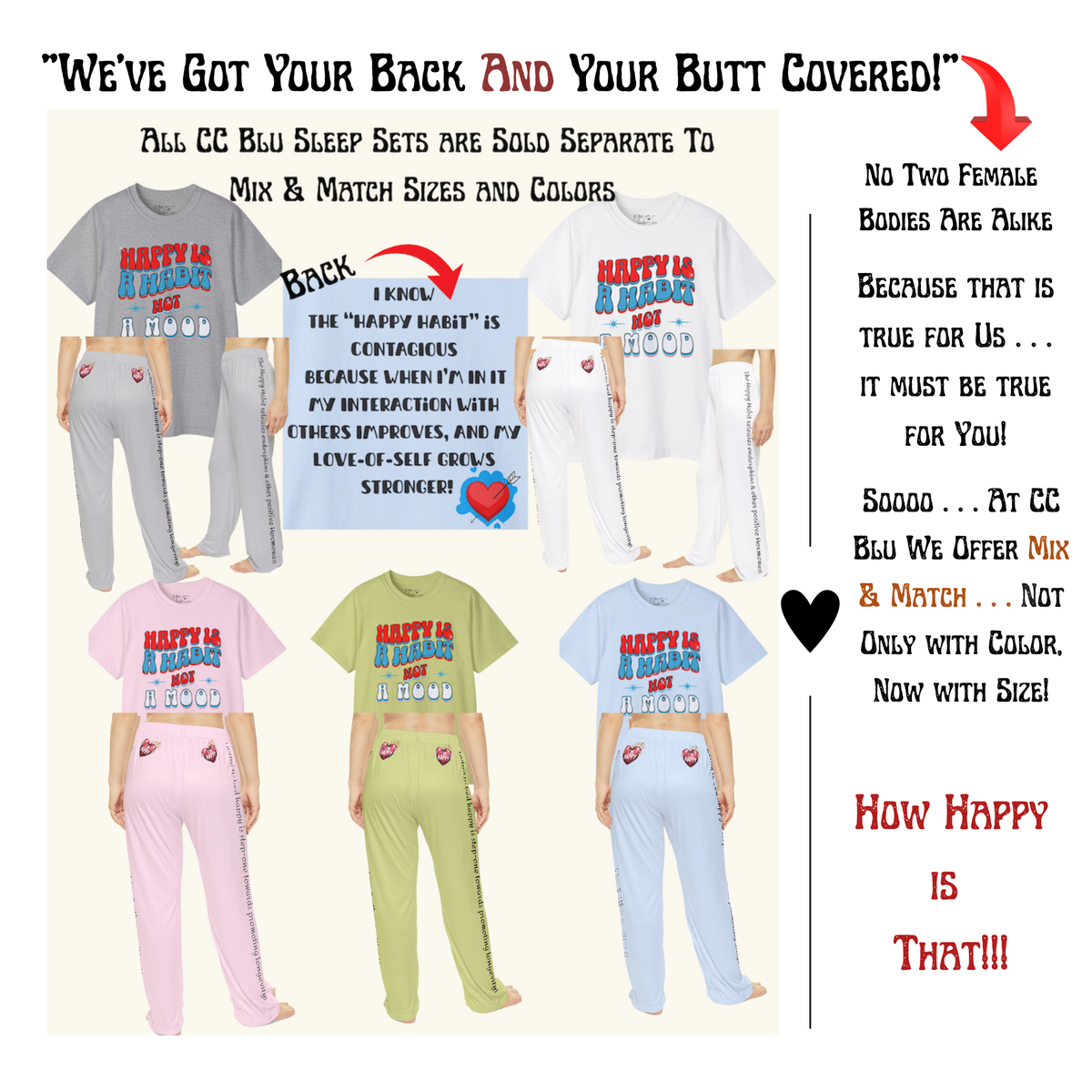 Women's Inspirational Sleepwear: Happy Is A Habit Blue Pajama Bottoms With A Message. Mix & Match CCBlu's Happy Habit SleepTop, Socks, Mugs & Journals!