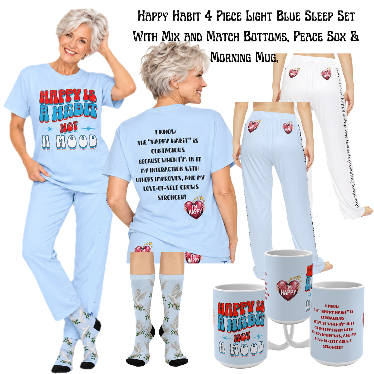 Women's Inspirational Sleepwear: Happy Is A Habit Blue Pajama Bottoms With A Message. Mix & Match CCBlu's Happy Habit SleepTop, Socks, Mugs & Journals!