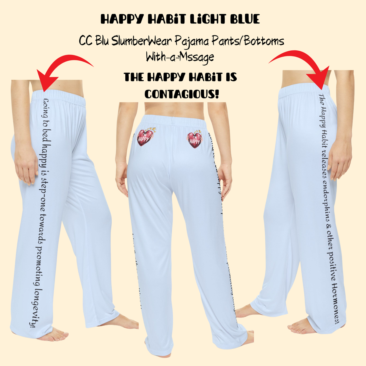 Women's Inspirational Sleepwear: Happy Is A Habit Blue Pajama Bottoms With A Message. Mix & Match CCBlu's Happy Habit SleepTop, Socks, Mugs & Journals!