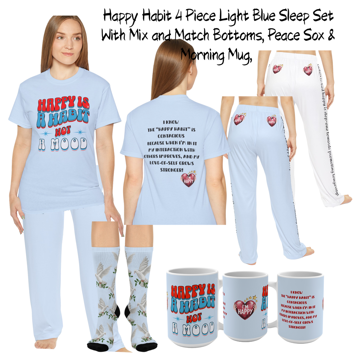 Happy Habit Inspirational Lite Blue "Dove-of-Peace" Socks", Cushioned Heel-and-Toe, Designed To Match CC Blu's SlumberWear Sleep-Tops & PJ Bottoms.