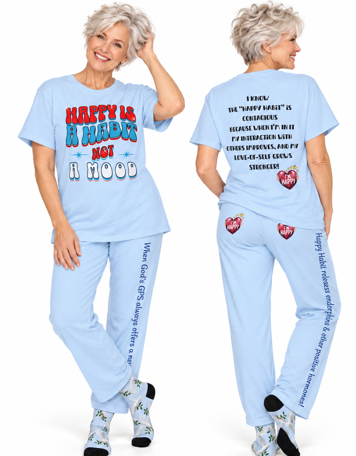 Happy Habit Inspirational Lite Blue "Dove-of-Peace" Socks", Cushioned Heel-and-Toe, Designed To Match CC Blu's SlumberWear Sleep-Tops & PJ Bottoms.