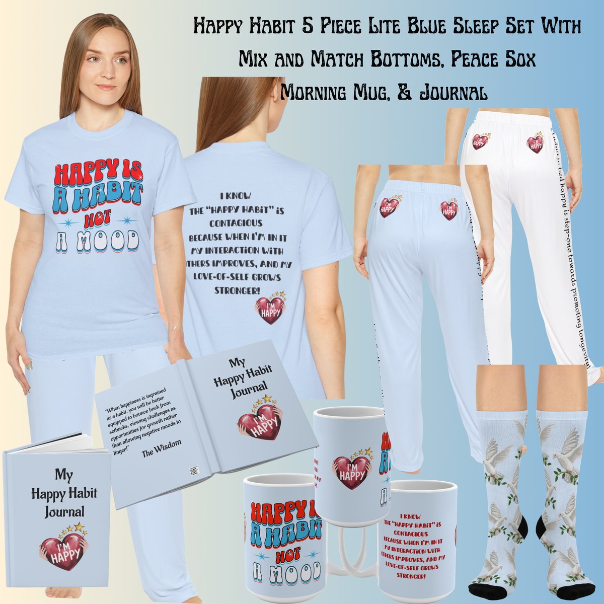 Happy Habit Inspirational Lite Blue "Dove-of-Peace" Socks", Cushioned Heel-and-Toe, Designed To Match CC Blu's SlumberWear Sleep-Tops & PJ Bottoms.