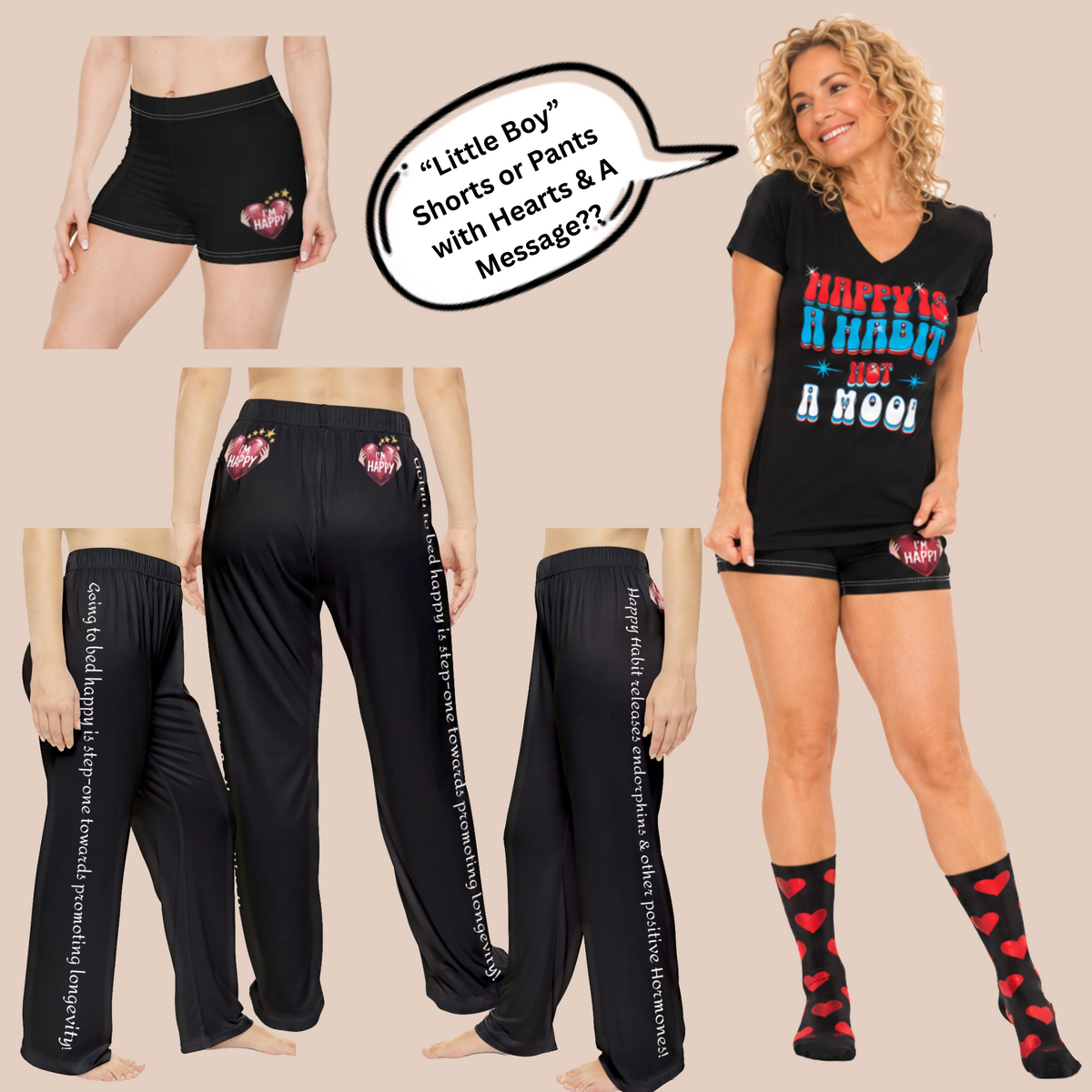Women's Inspirational Happy Habit Black "Little-Boy" Shorts With-A-Heart, Designed to Match CC Blu's V-Neck Sleeper-Shirt & Socks!