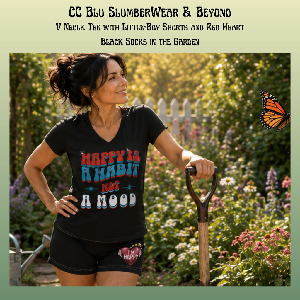 Women's Inspirational Happy Habit Black "Little-Boy" Shorts With-A-Heart, Designed to Match CC Blu's V-Neck Sleeper-Shirt & Socks!
