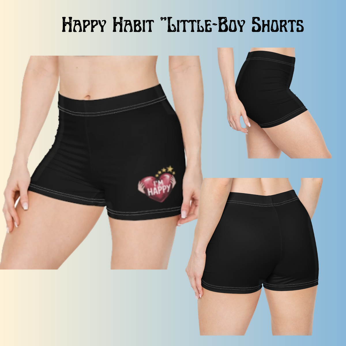 Women's Inspirational Happy Habit Black "Little-Boy" Shorts With-A-Heart, Designed to Match CC Blu's V-Neck Sleeper-Shirt & Socks!