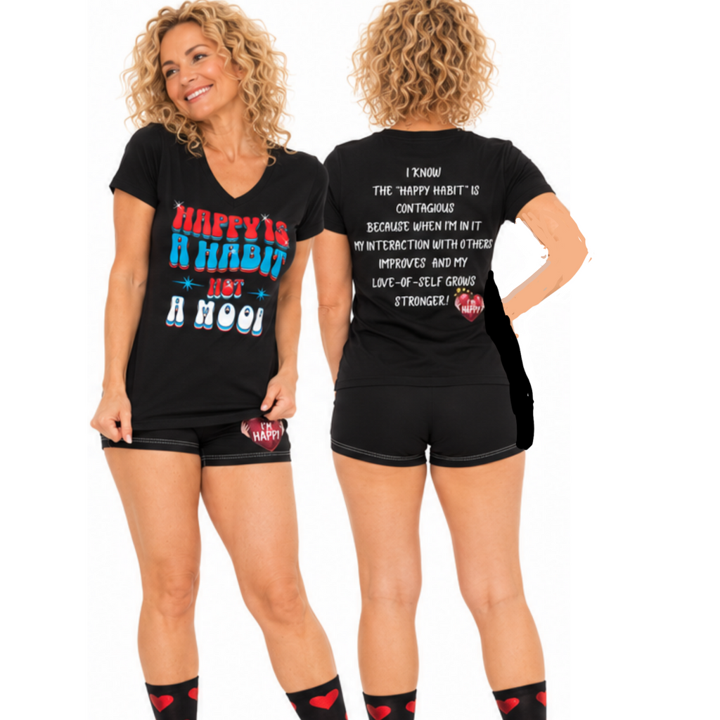 Women's Inspirational Happy Habit Black "Little-Boy" Shorts With-A-Heart, Designed to Match CC Blu's V-Neck Sleeper-Shirt & Socks!