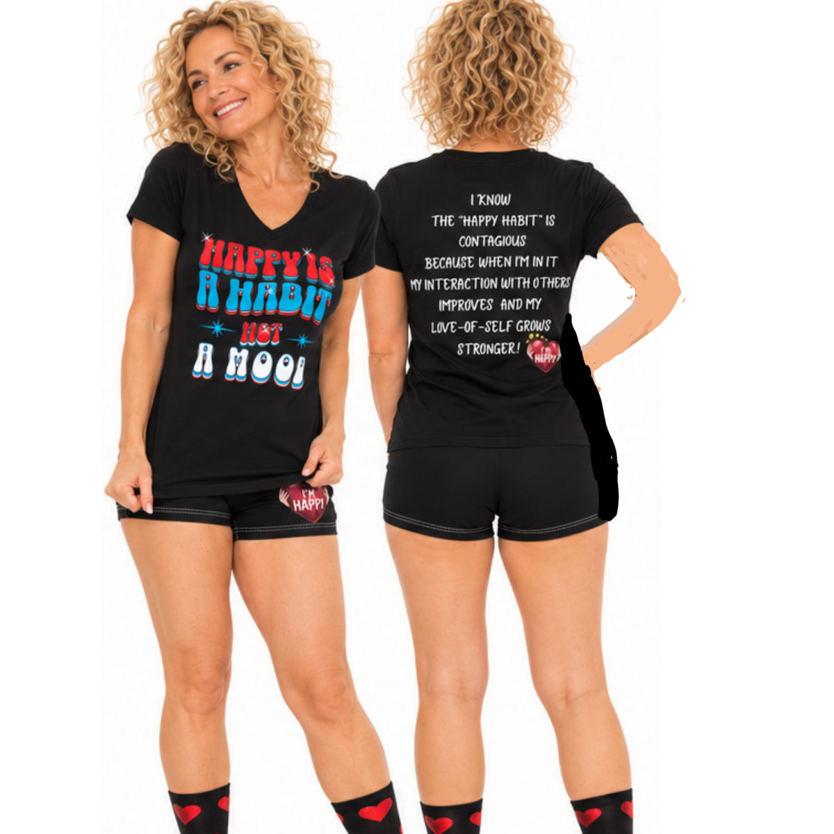 Women's Inspirational Happy Habit Black "Little-Boy" Shorts With-A-Heart, Designed to Match CC Blu's V-Neck Sleeper-Shirt & Socks!