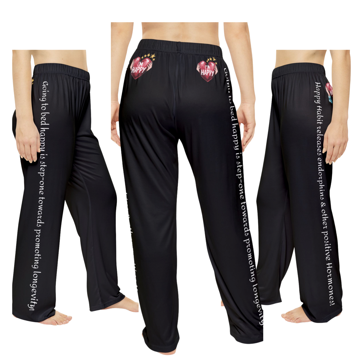 Women's Happy Habit Black Pajama Bottoms With An Inspirational Message On Each Legs & 2 Hearts  On The Back.