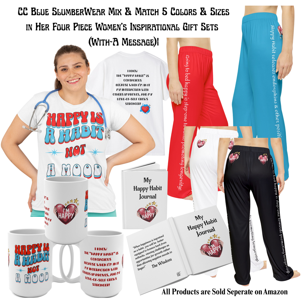 Women's Happy Habit Black Pajama Bottoms With An Inspirational Message On Each Legs & 2 Hearts  On The Back.
