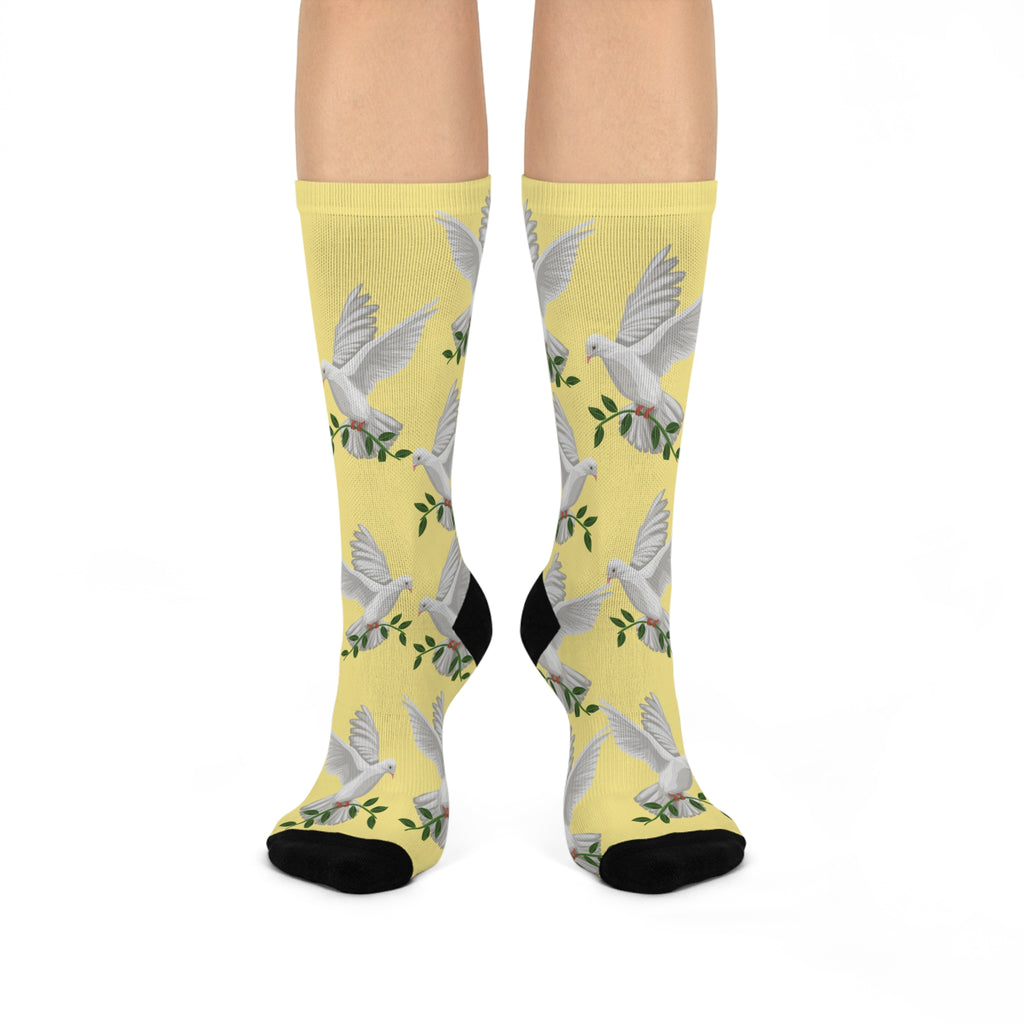 Inspirational Yellow "Dove Peace Socks", Cushioned Heel-&-Toe, Designed To Match CC Blu's SlumberWear Sleep-Shirt Gift Sets