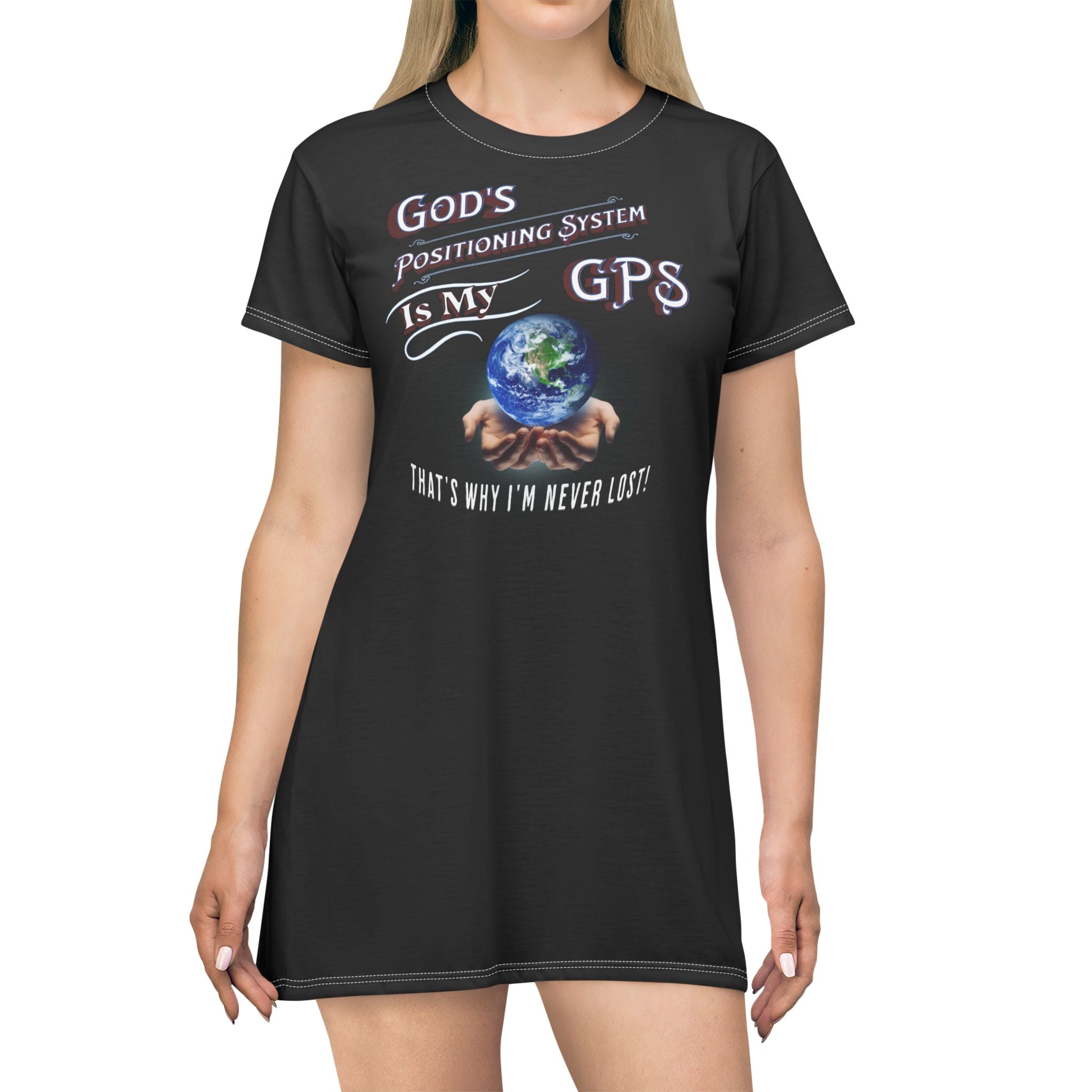 GPS, God's Positioning Systems Inspirational Beyond Black Sleep-Shirt T-Dress With-A-Message. Match With CC Blu Undies & Socks