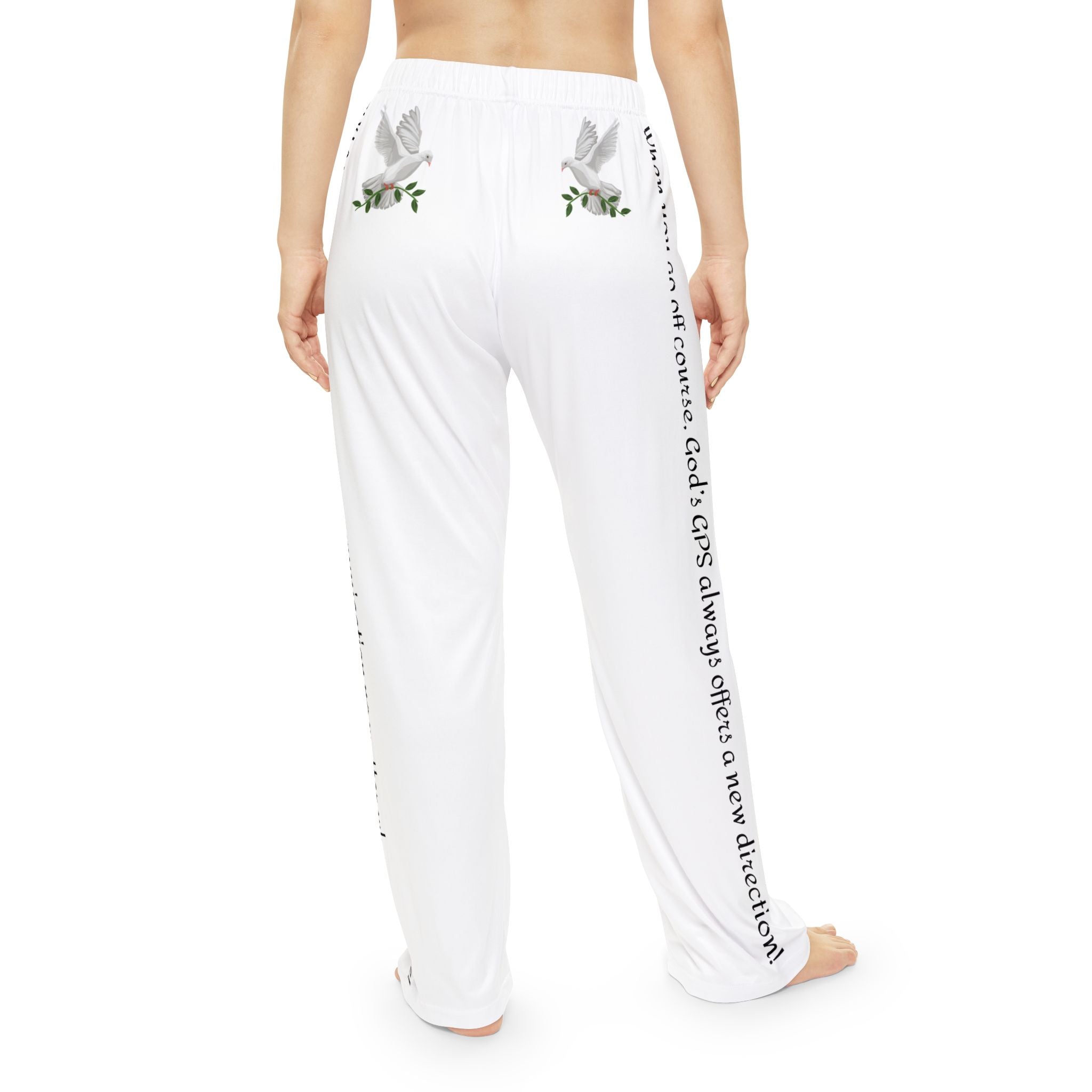 GPS White Peace Dove Pajama Bottoms With God's Driving Directions (Down The Sides) To Keep You Safe At Night!