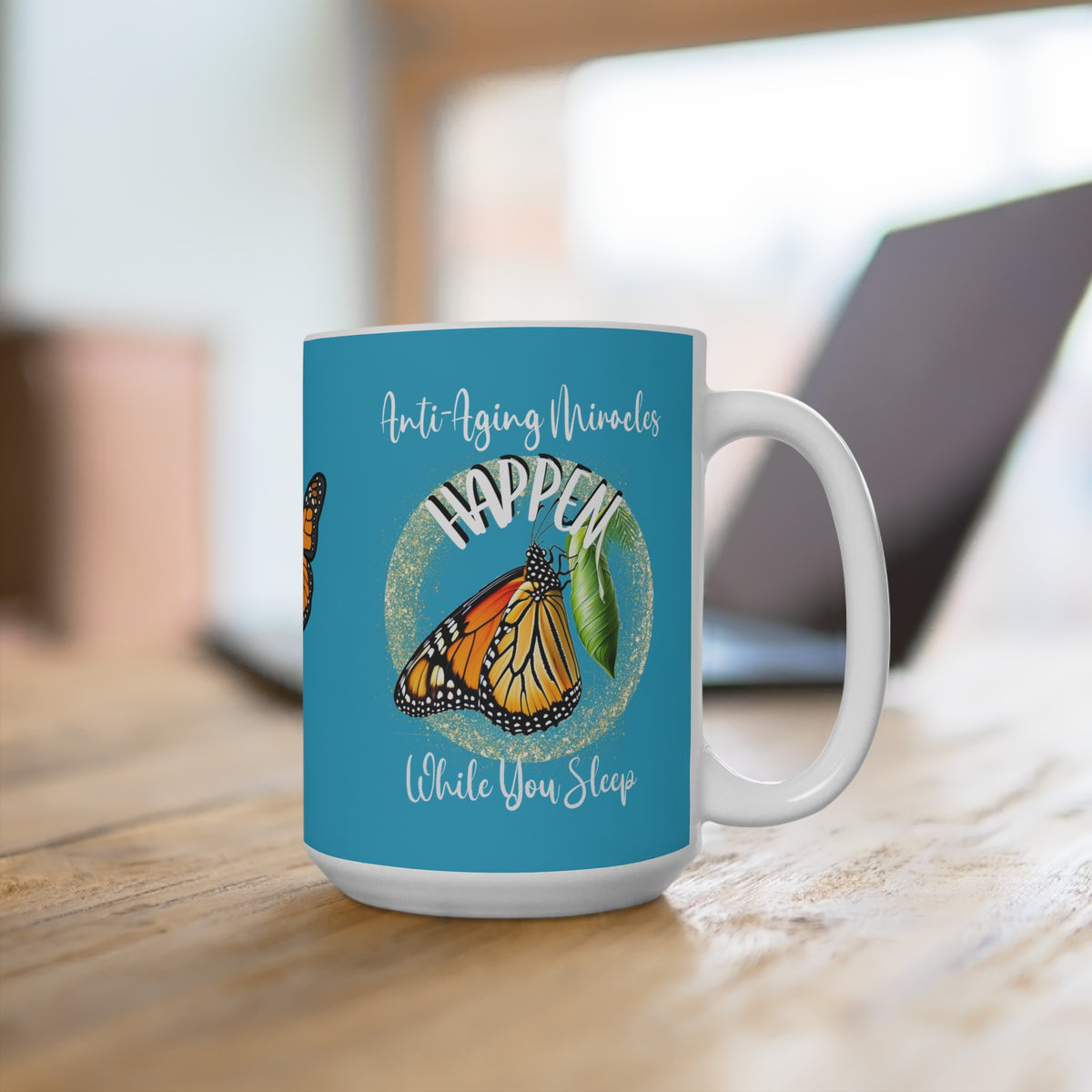 15oz Monarch Miracle Tantalizing Teal Coffee Mug With-A-Message, Butterfly Designed to Match CC Blu's Monarch Gift Sets.