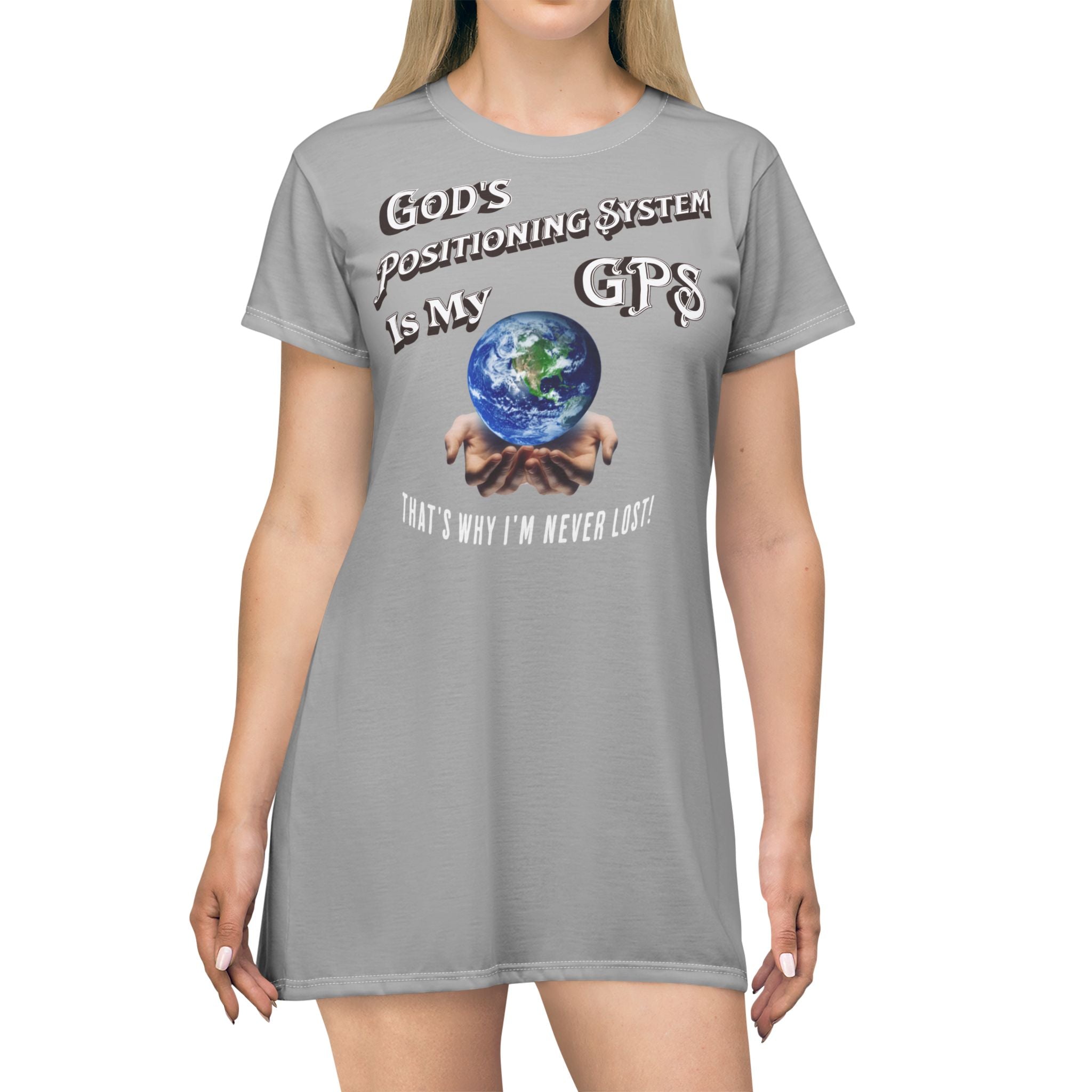 GPS God's Positioning System Gifted Grey Sleeper T-Dress With-A-Message. Match With CC Blu SlumberWear Undies & Socks.