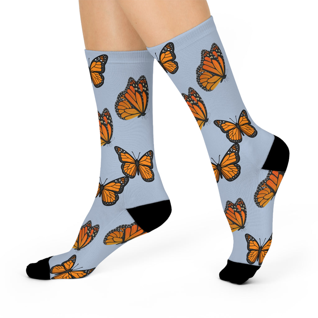 Monarch Miracle Women's Light Blue Butterfly  Cushioned Heel &Toe Super Crew Stretch Socks! Match With CC Blu's SlumberWear.