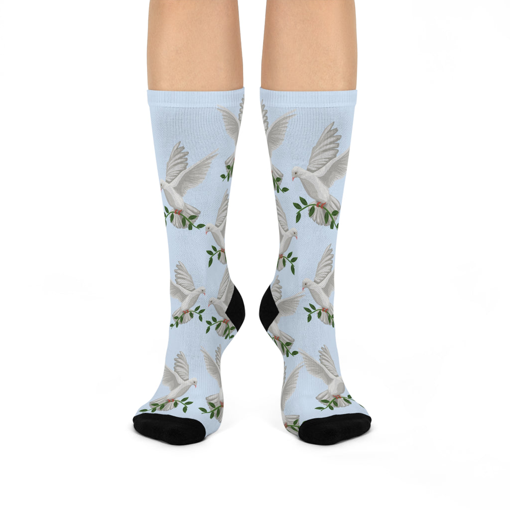 Inspirational Lite Blue "Dove-of-Peace" Socks", Cushioned Heel-and-Toe, Designed To Match CC Blu's SlumberWear Sleep-Tops & PJ Bottoms.