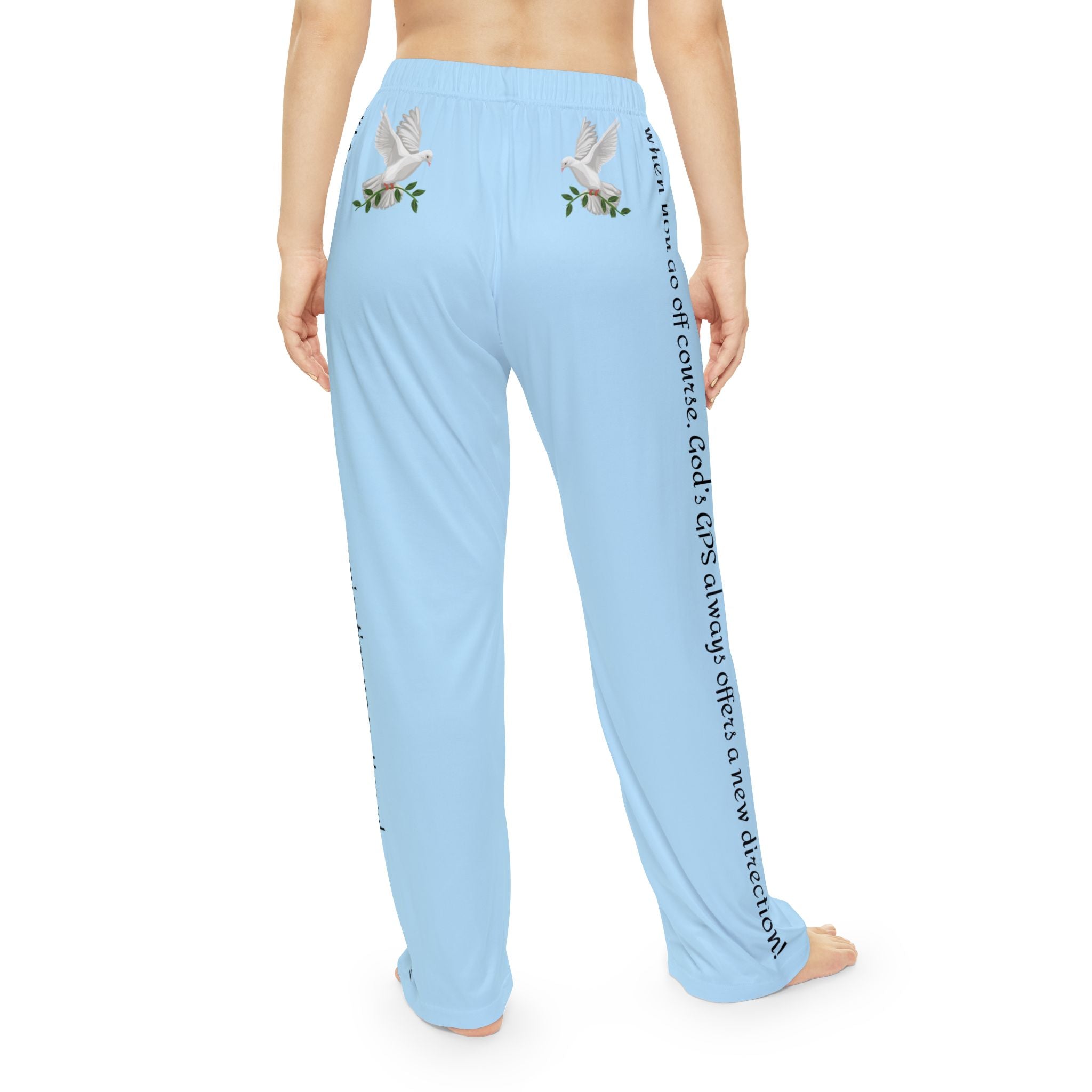 GPS Light Blue Peace Dove Pajama Bottoms With God's Driving Directions (Down The Sides) To Keep You Safe At Night!