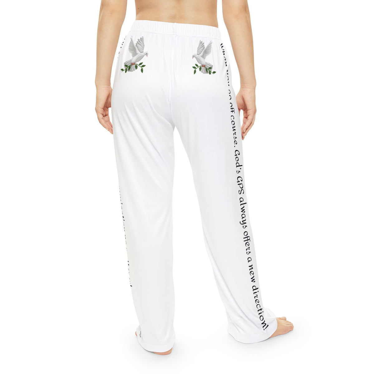 GPS White Peace Dove Pajama Bottoms With God's Driving Directions Down The Pants To Keep You Safe At Night!