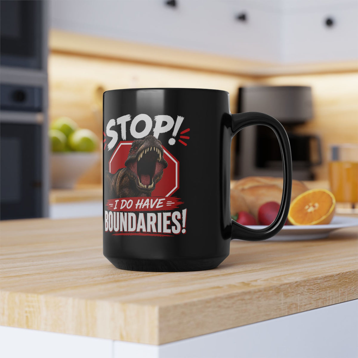 Stop! I Do Have Boundaries Black 15 oz Morning Mug — Funny T-Rex Coffee Cup for Boundary-Setting