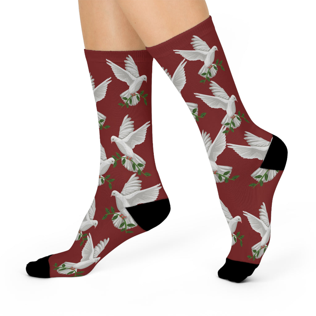 God's GPS Cardinal Red "Dove Of Peace" Socks Will Guide Your Feet Home! Match Them With CC Blu's Sleeper T-Dress & "Little-Boy" Shorts.