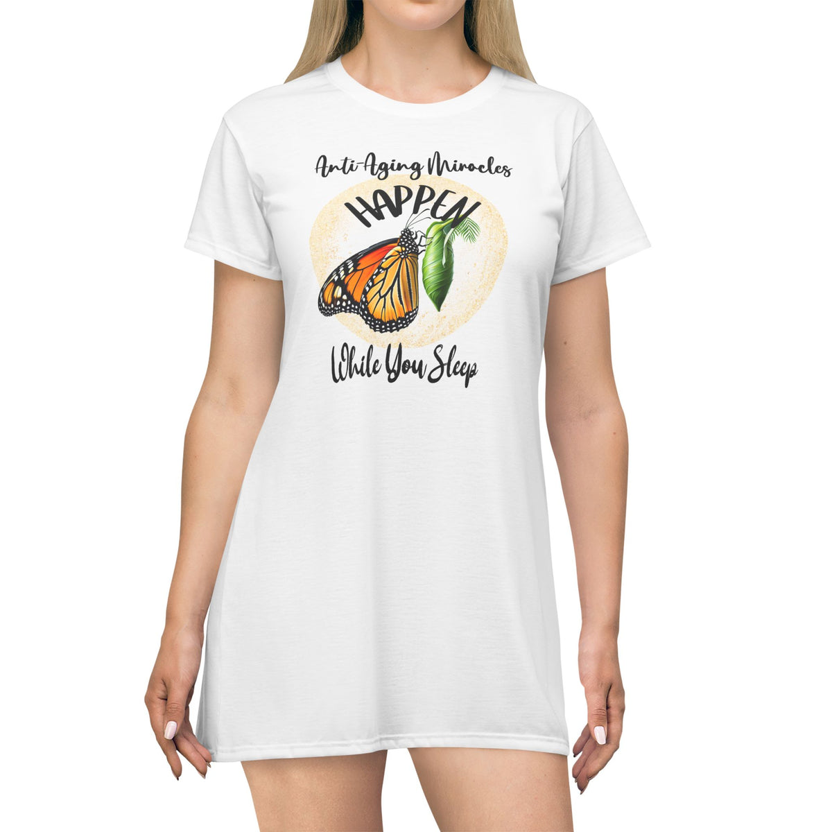 Inspirational Women's Monarch Miracle Wishful White Sleep-Shirt T-Dress With-A-Message! Add CC Blu's Matching SlumberWear Shorts & Socks!