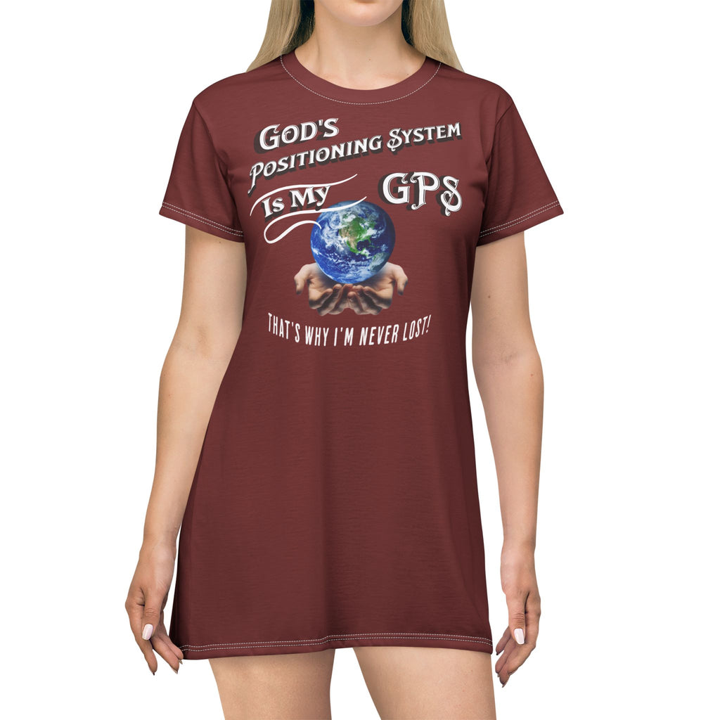 Gods Positioning System (GPS) Cardinal Red SlumberWear T-Dress With-A-Message. Mix-It With CC Blu's Seep Shorts & Socks.