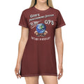 Gods Positioning System (GPS) Cardinal Red SlumberWear T-Dress With-A-Message. Mix-It With CC Blu's Seep Shorts & Socks.